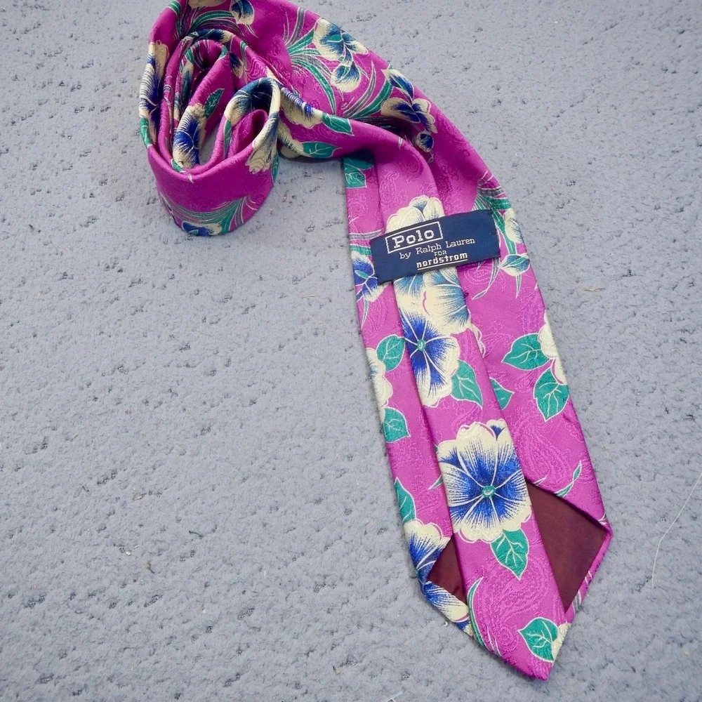 Vintage Polo Ralph Lauren Tie Pink Floral Printed Jacquard Silk Wide Classic USA